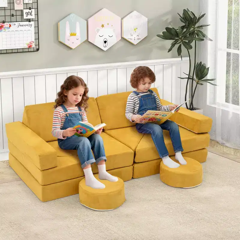 Costway 14 PCS Modular Kids Play Couch Child Sectional Sofa Toddler Soft Playset Blue/Gray/Yellow