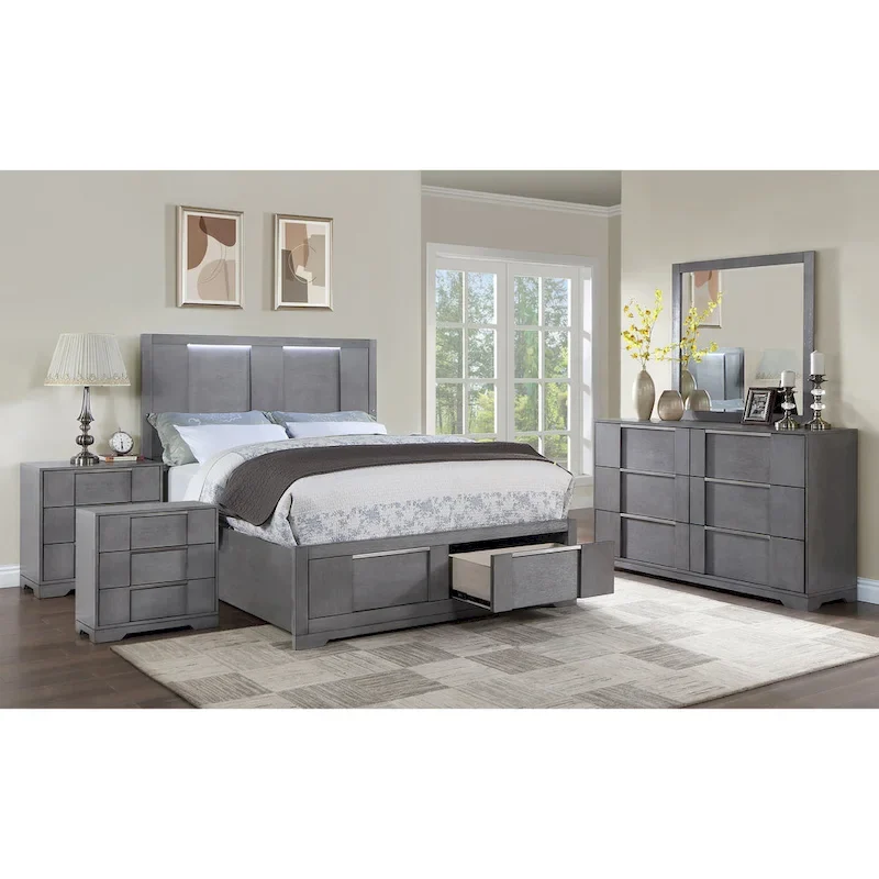 Furniture of America Tona Contemporary 5-Piece Grey Wood Storage Platform Bedroom Set with LED Lights
