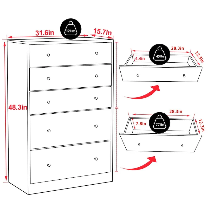 VEIKOUS 31.5 W 5-Drawer Chest of Dresser Storage Clothes Organizer for Bedroom