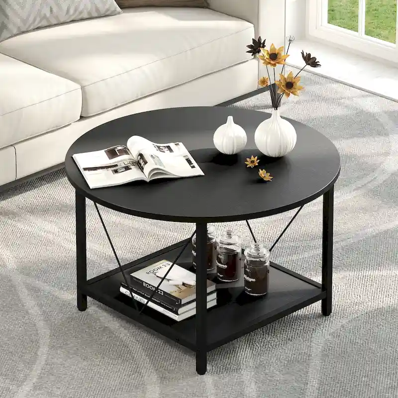 Moasis Industrial 2-Tier Round Coffee Table with Shelf