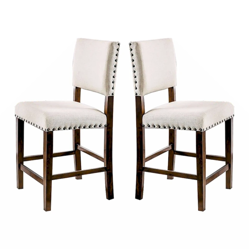 Set of 2 Linen Upholstered Dining Chairs with Nailhead Trim in Brown Cherry and Ivory