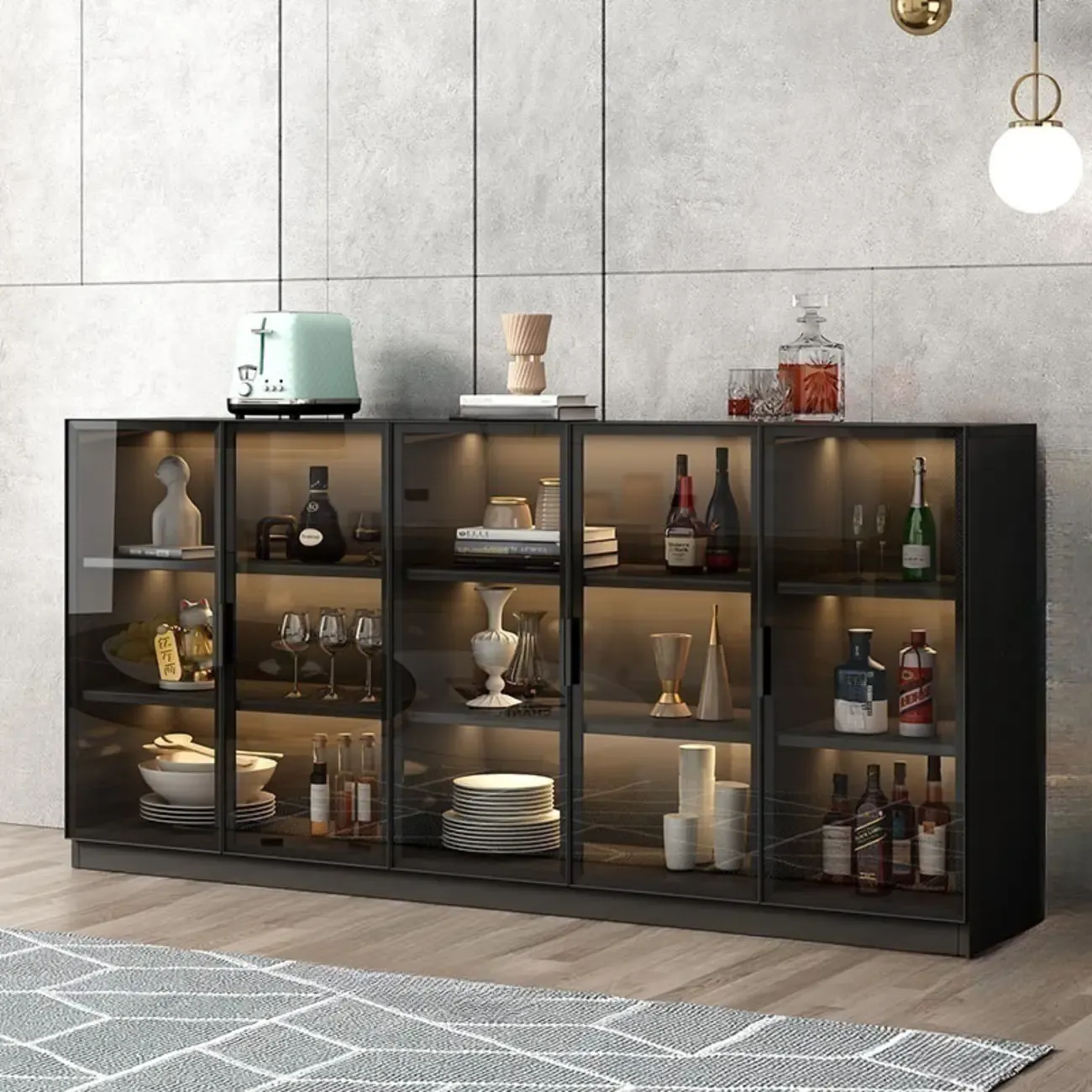 Modern Black Wooden Sideboard with Glass Doors