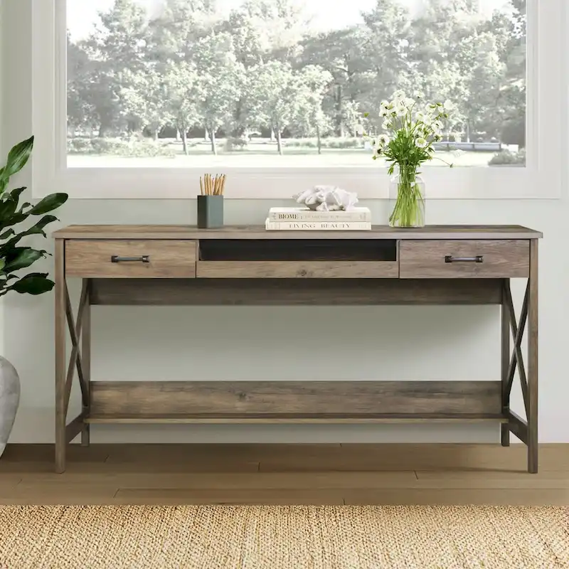 59.5-Inch Modern Farmhouse Writing Desk with Two Drawers, Home Office Wood Desk