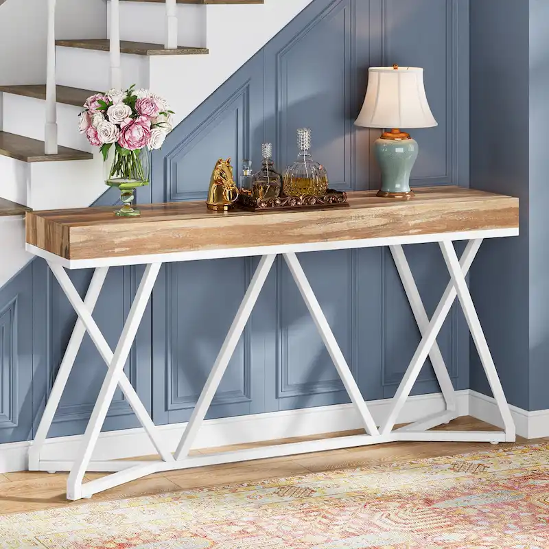55 Inch Wood Console Table, Sofa Table Entryway Table with Unique Metal Legs