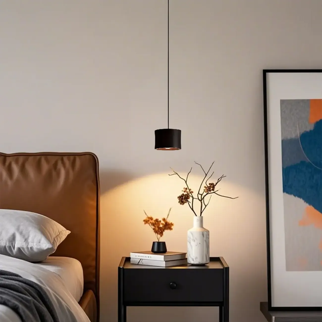 Minimalist Black LED Bedside Pendant Lamp with Long Adjustable Line