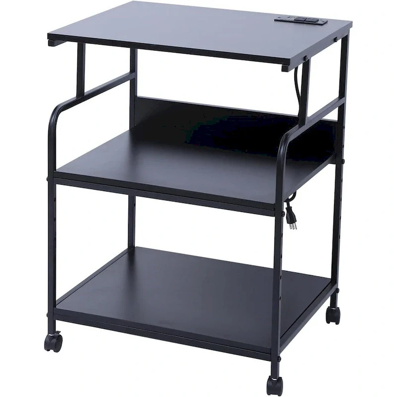 Printer Stand, Mobile Printer Cart, 3-Tier Printer Storage Rack with Charging Station and Roller for Office, Home (Black)