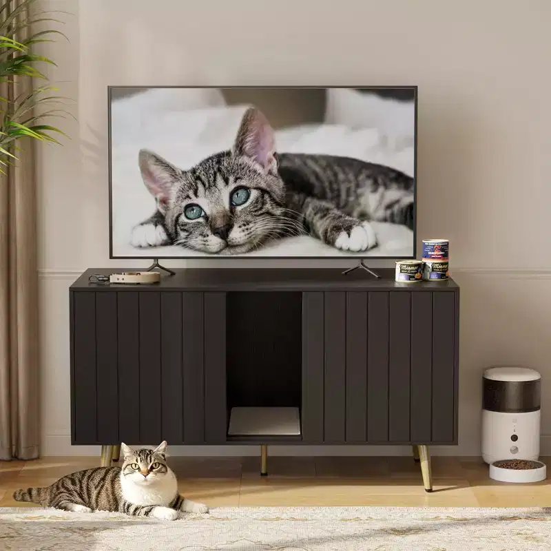 Black Grained / Natural Oak 2-Door Hidden Cat Litter Box Enclosure for 2 Cats, TV Stand for TVs up to 55