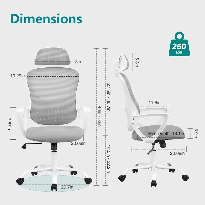 Ergonomic Office Chair, Comfy Computer Desk Chair Mesh High Back with Fixed Arms and Adjustable Headrest, Swivel Rolling Chair