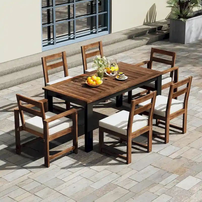 7 Piece Acacia Wood Outdoor Dining Set, All Weather Patio Furniture Set with Umbrella Hole, 2 Armchairs and 4 Side Chairs