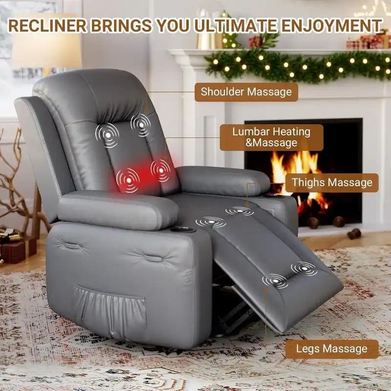Power lift recliner chair with massage, cup holders, and side pocket.