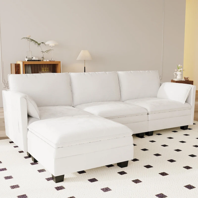 Christopher Knight Home - Noah Large 3-Seater L-Shaped Sofa with Movable Ottoman and Armrest Pockets, Fabric Upholstery