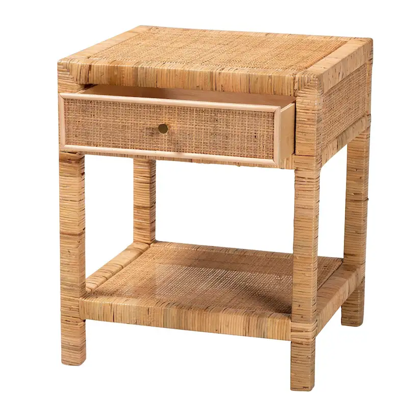 Adelia Modern Bohemian Natural Rattan and Mahogany Wood 1-Drawer Nightstand