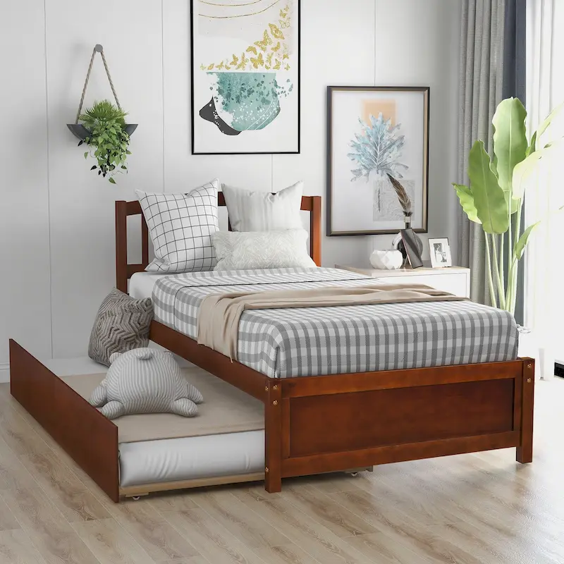 Twin size Platform Wood Bed Frame with Trundle