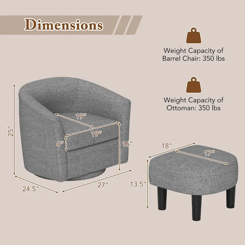 Swivel Barrel Chair with Ottoman Footrest Curved Backrest