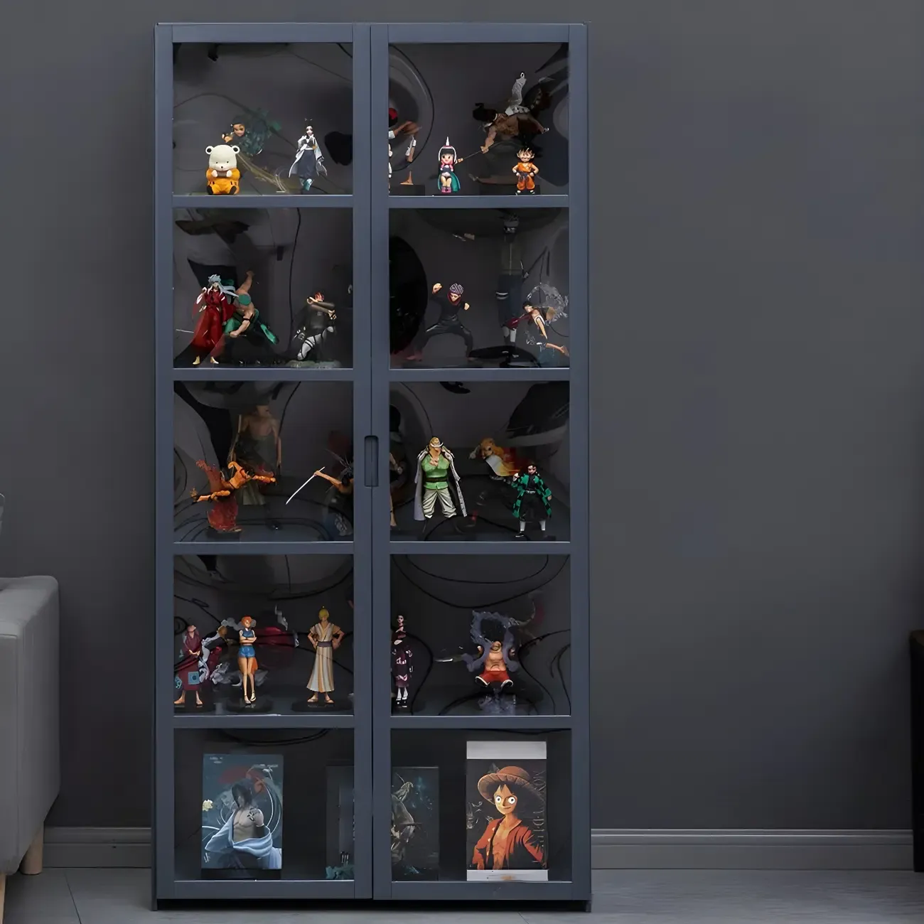 Grey Bamboo Shelf Display Cabinet Acrylic Door