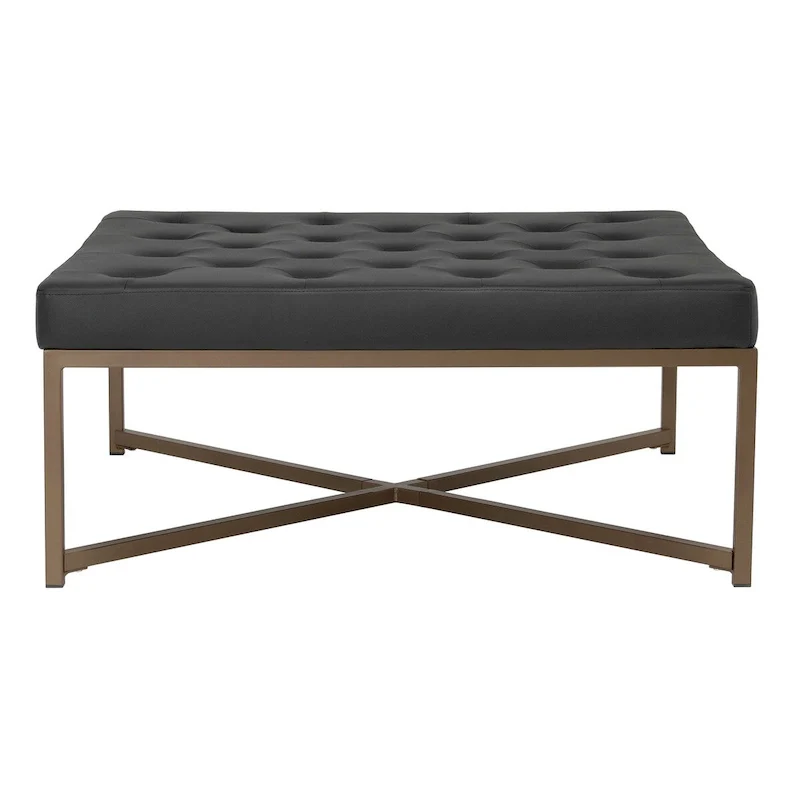 Metal and Tufted Leather Large Cocktail Ottoman