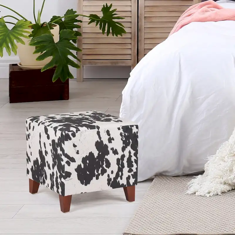 Adeco British Style Cow Print Cube Ottoman Home Bench Classy Footstool