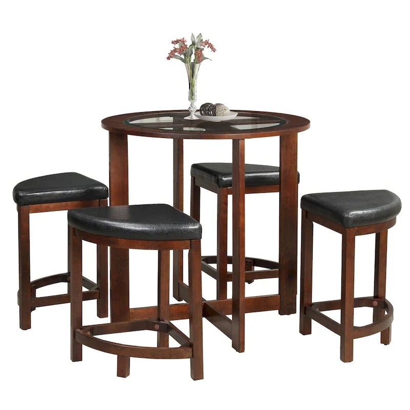5 Piece Round Counter Height Dining Set in Solid Wood with Glass Table Top