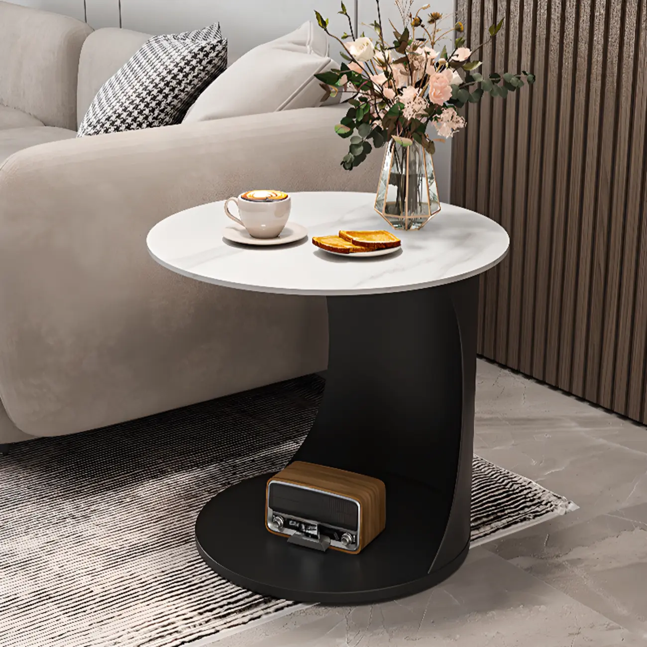 Classic C-Shaped White Marble Side Table with Gold Metal Base