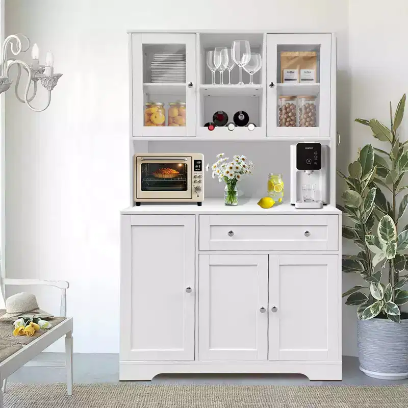 White 5-Door Freestanding Kitchen Pantry Cabinet with Wine Rack