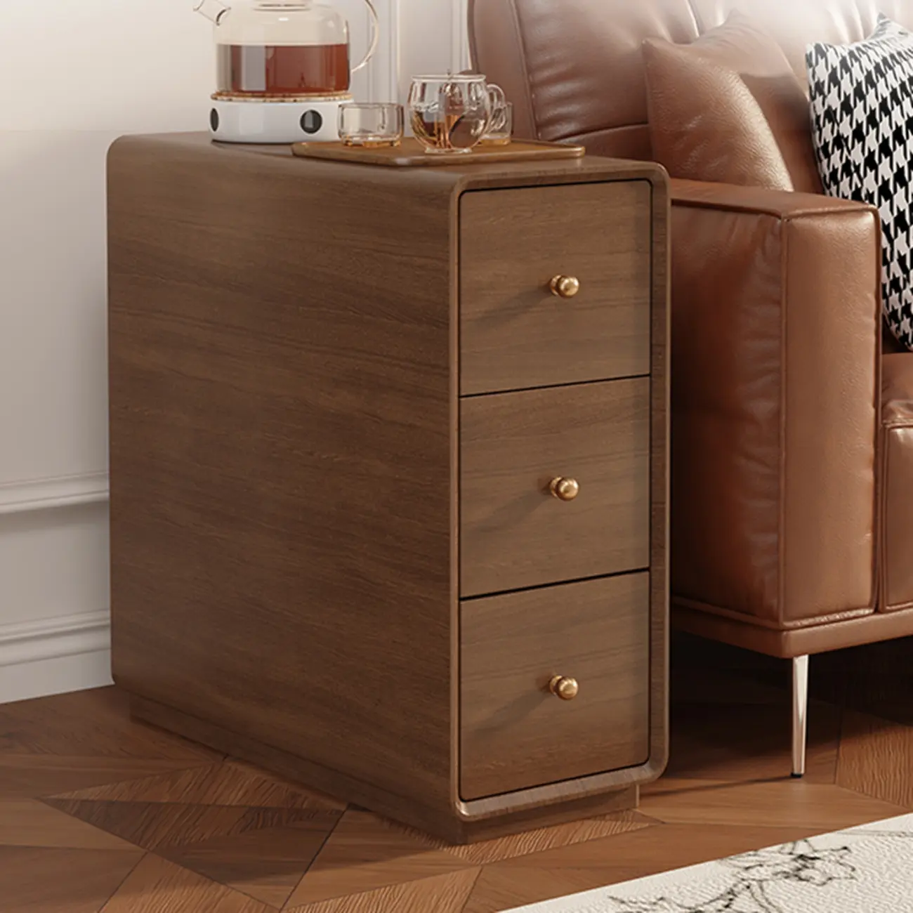 Narrow Rectangle Walnut Wood Side Table with Drawers