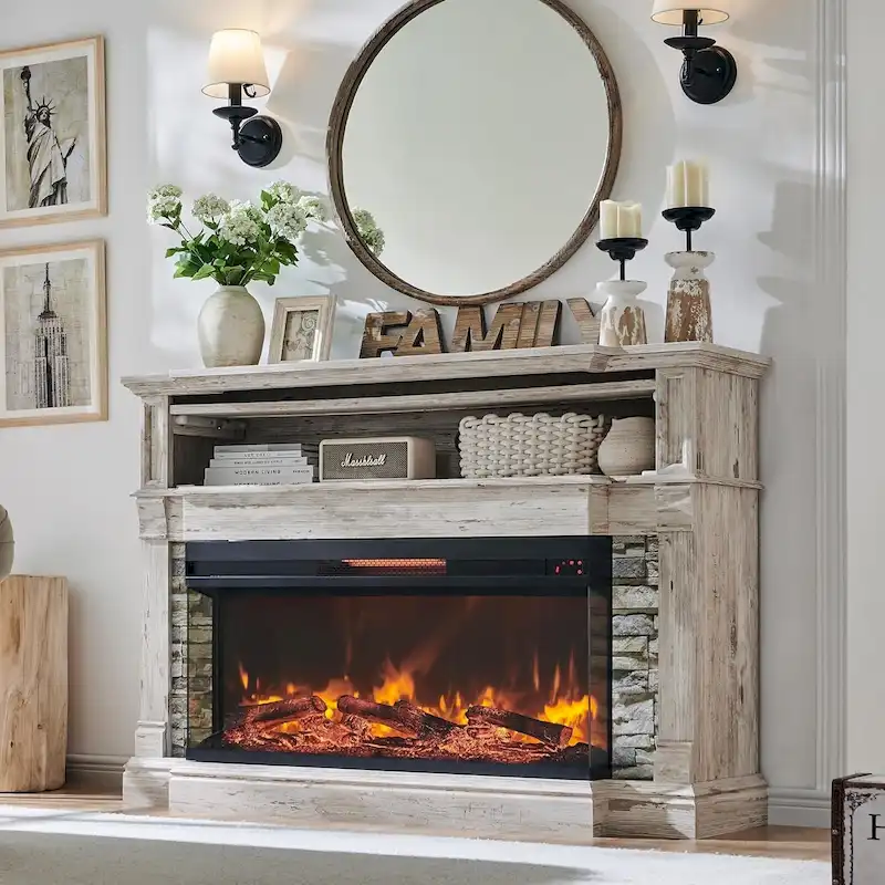 Farmhouse TV Stand With 3-Sided Glass Fireplace, Entertainment Center