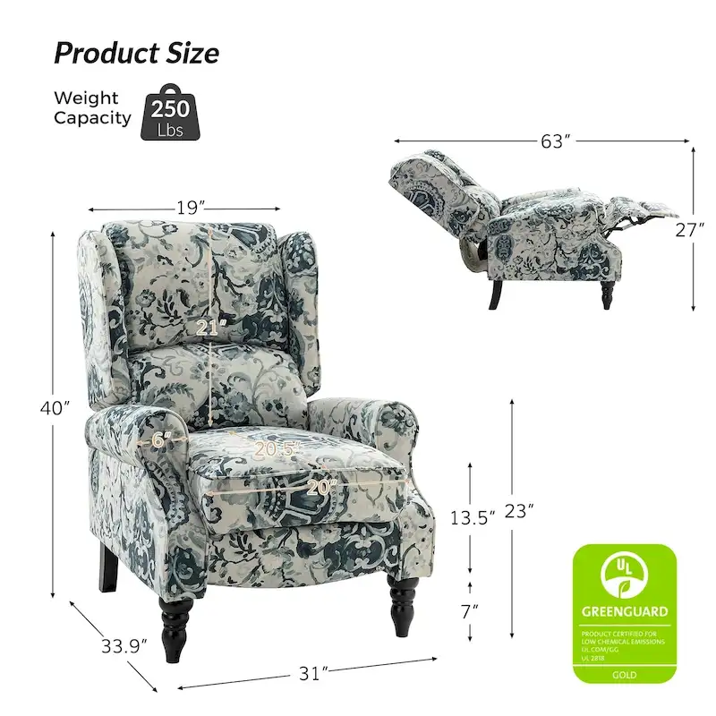 Olympus Upholstered Classic Manual Wingback Recliner with Solid Wood Legs by HULALA HOME