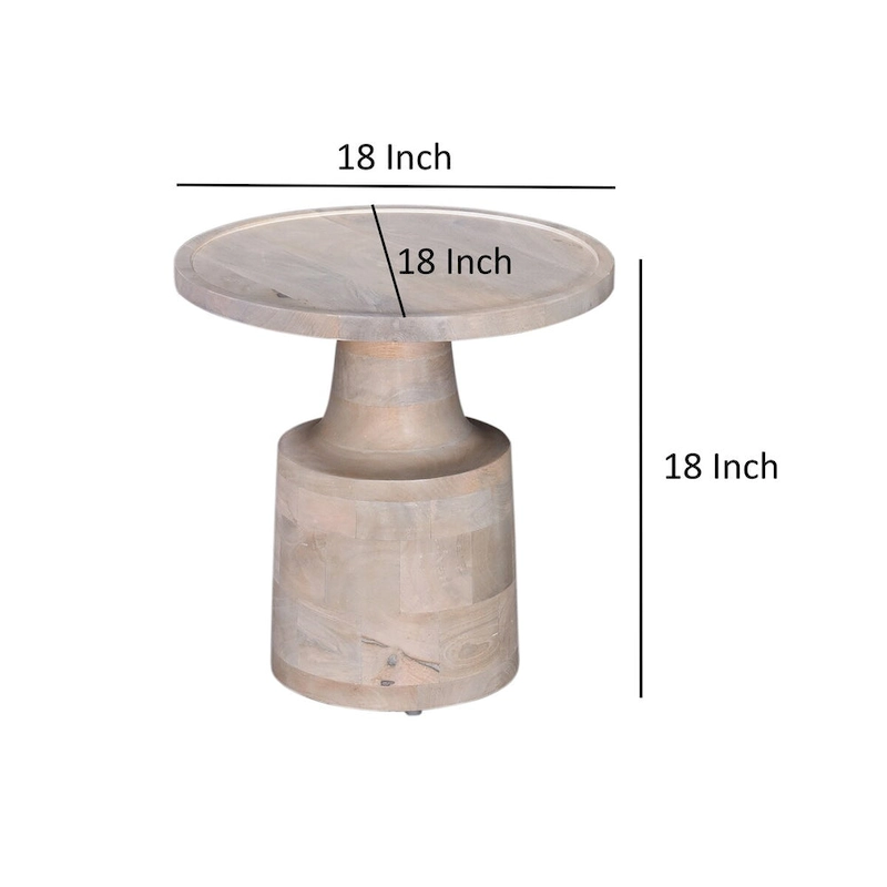 Side End Table, 18 Inch Round Top, Pedestal Base, Oak White Mango Wood