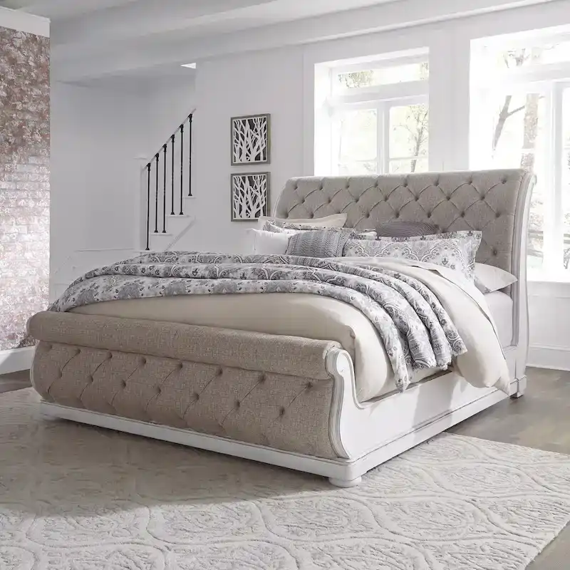 Antique White Tufted Upholstered Sleigh Bed