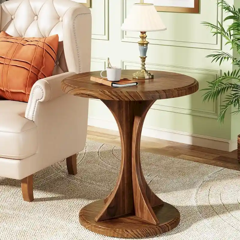 Round End Side Table for Living Room, Wood Small Sofa Chair Side Table, Easy Assembly