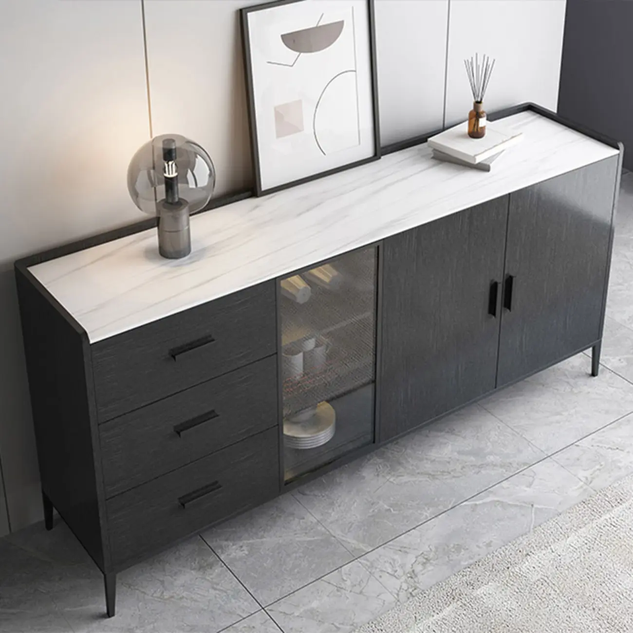 Modern Wooden Sideboard with Cabinets & Wine Rack