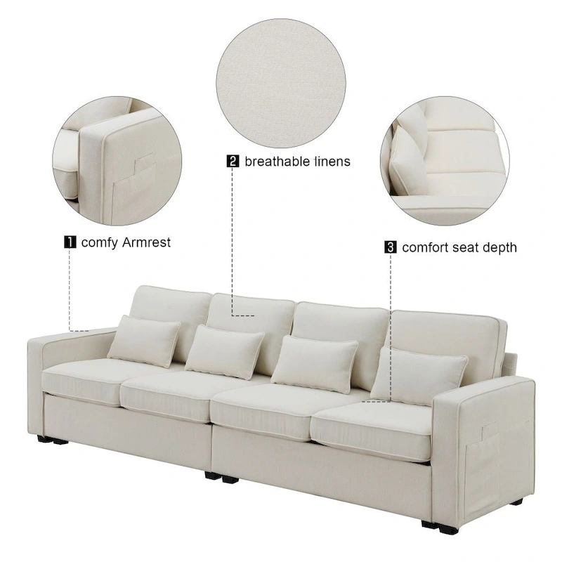 104  4-Seater Modern Linen Fabric Sofa with Armrest Pockets and 4 Pillows