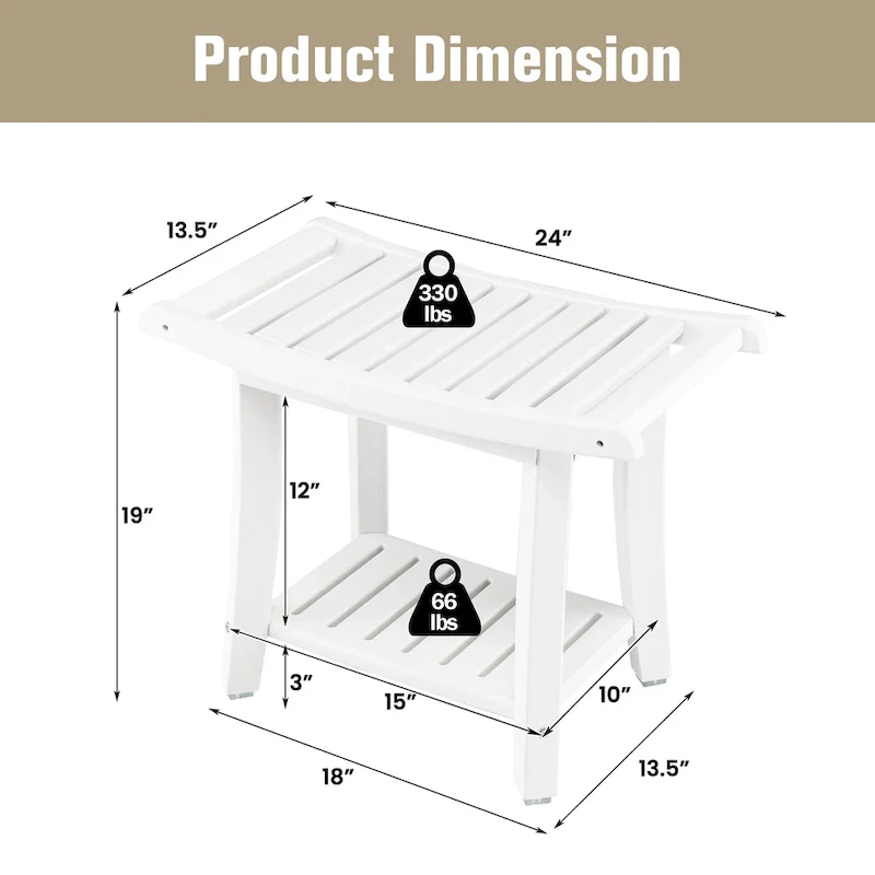 2-Tier Shower Bench with Storage Shelf – Brown / White, HDPE, Single