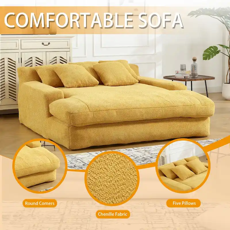 Chenille Upholstered 2-seater Deep Seat lazy sofa bed With 5 back pillows