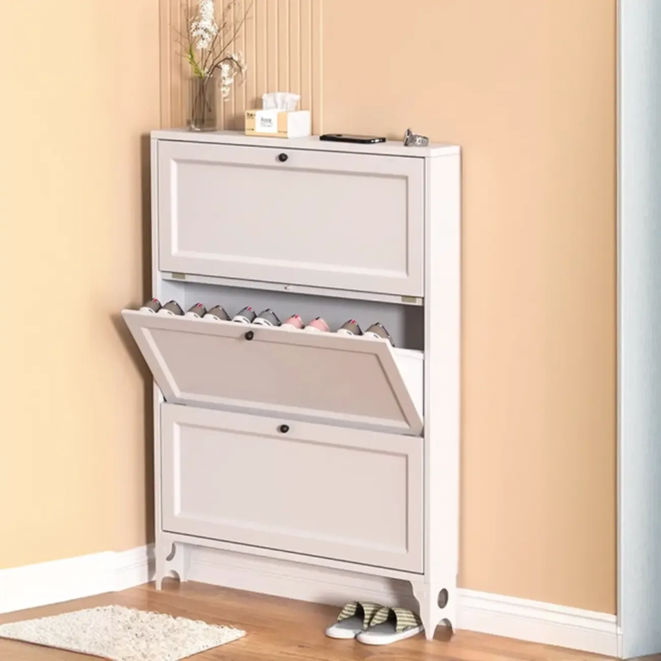 Compact Slim White Metal Drop Front Shoe Storage Cabinet