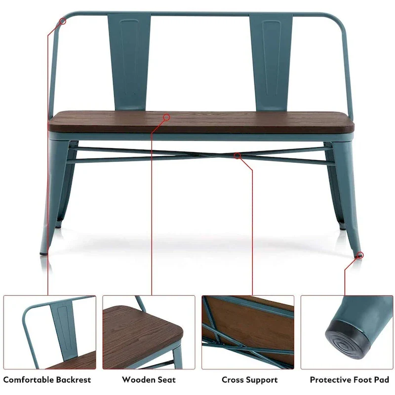 Dining Bench, Entryway Bench with Back, Farmhouse Metal Dining Bench, Industrial Mid-Century 3 Person Bench, Wood Seat