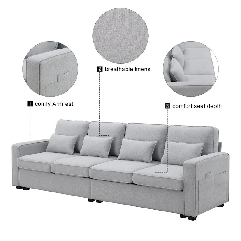 104 4-Seater Modern Linen Fabric Sofa with Armrest Pockets and 4 Pillows