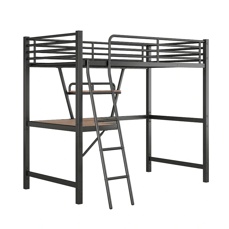 Twin Metal Loft Bed with Desk and Guardrail