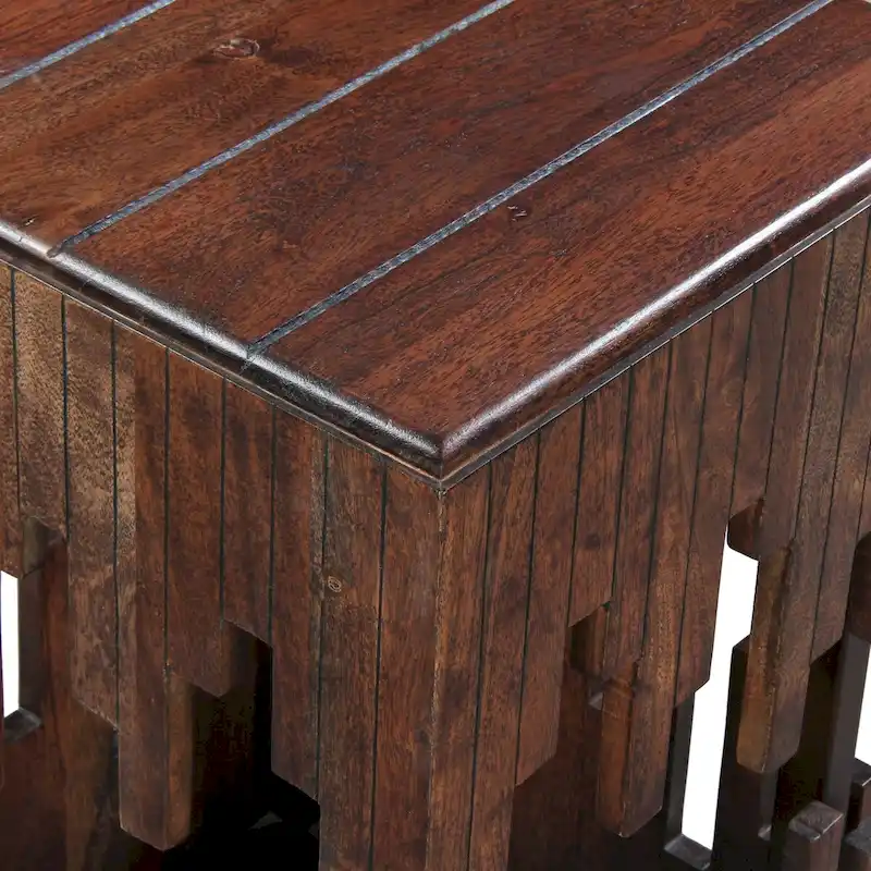 24 Inch Accent Side End Table, Brown Acacia Wood, Slatted Square Top, Handcrafted Abstract Silhouette, Black Iron