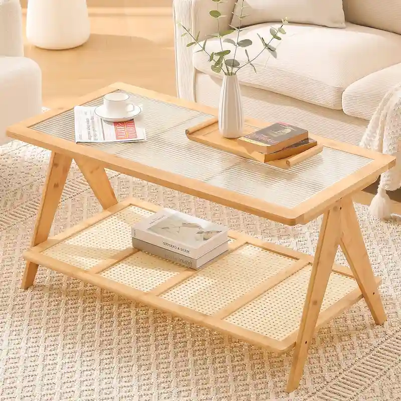 Bamboo Glass Top Side Table Accent End Table with Magazine Rack