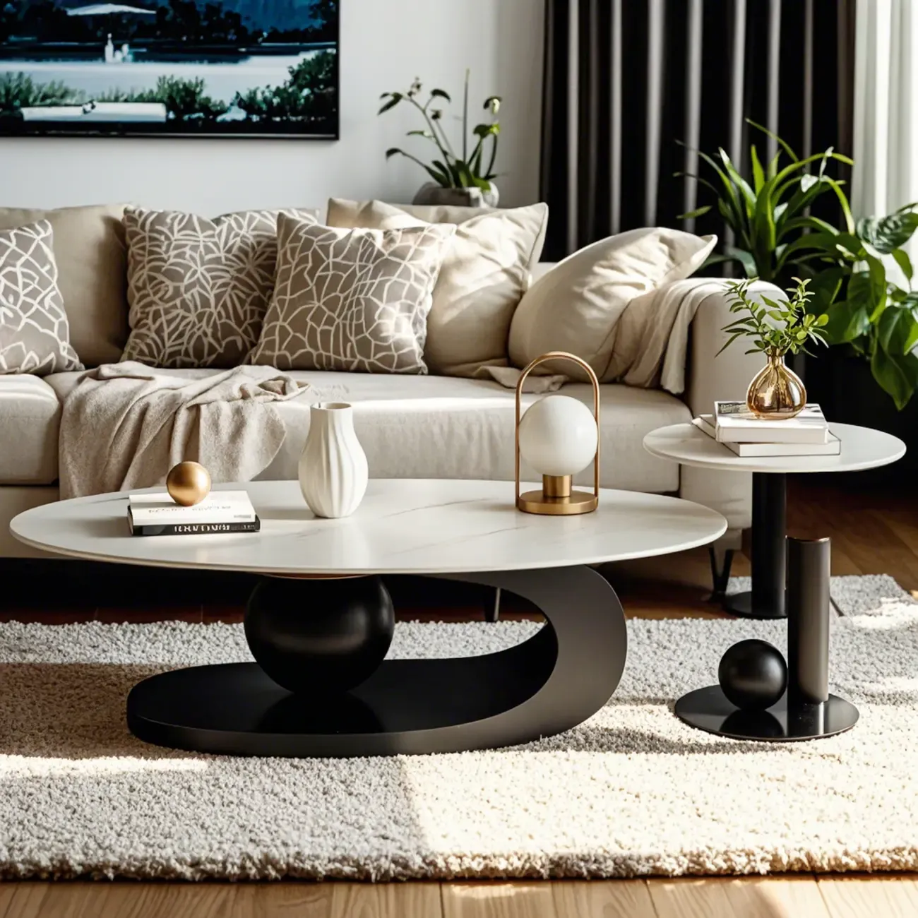 Modern Light Luxury White Oval Coffee Table with Metal Base