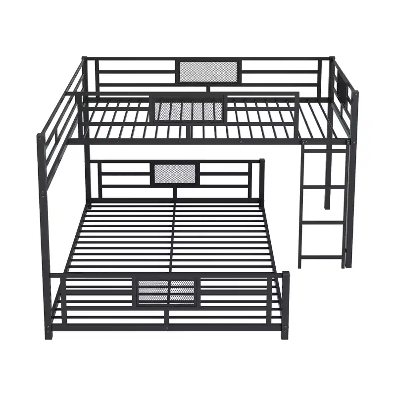 Twin over Full L-shaped Metal Bunk Bed with Ladder and Guardrail -ModernLuxe