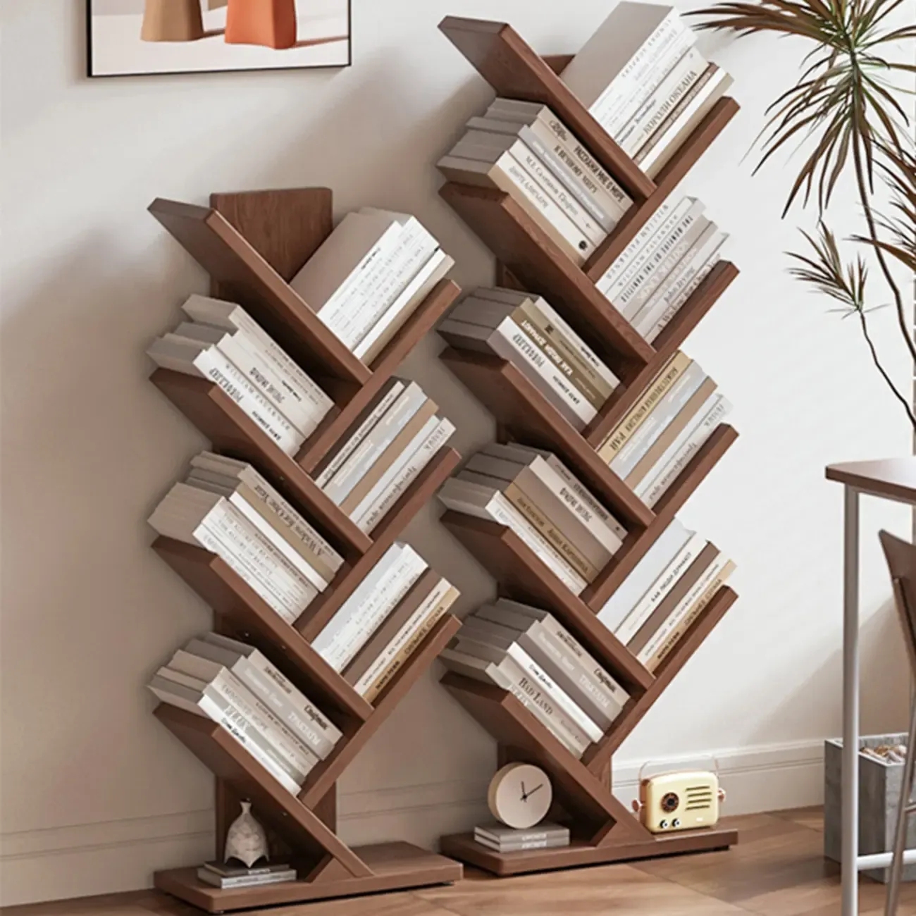 Etagere Wood Nut-Brown Narrow Zigzag Shelf Bookcase