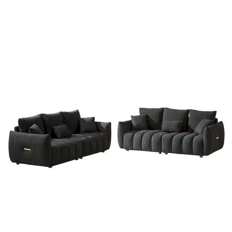2-Pieces 6-Seat Teddy Fabric Sectional Sofa Set (3+3) with Wooden Frame & 6 Pillows