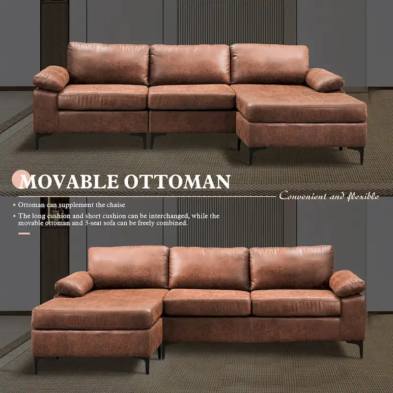 Brown Suede Reversible Chaise Sofa - 2-3 Seater