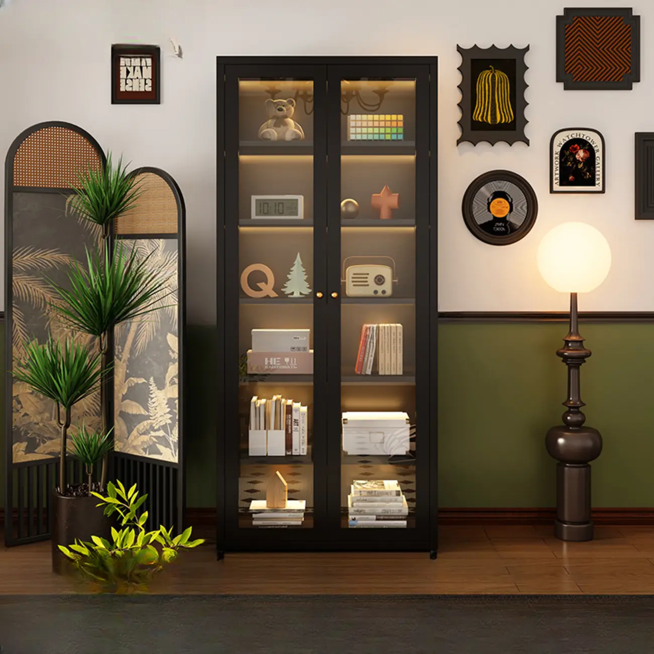 Contemporary Black Metal Bookcase with Glass Doors