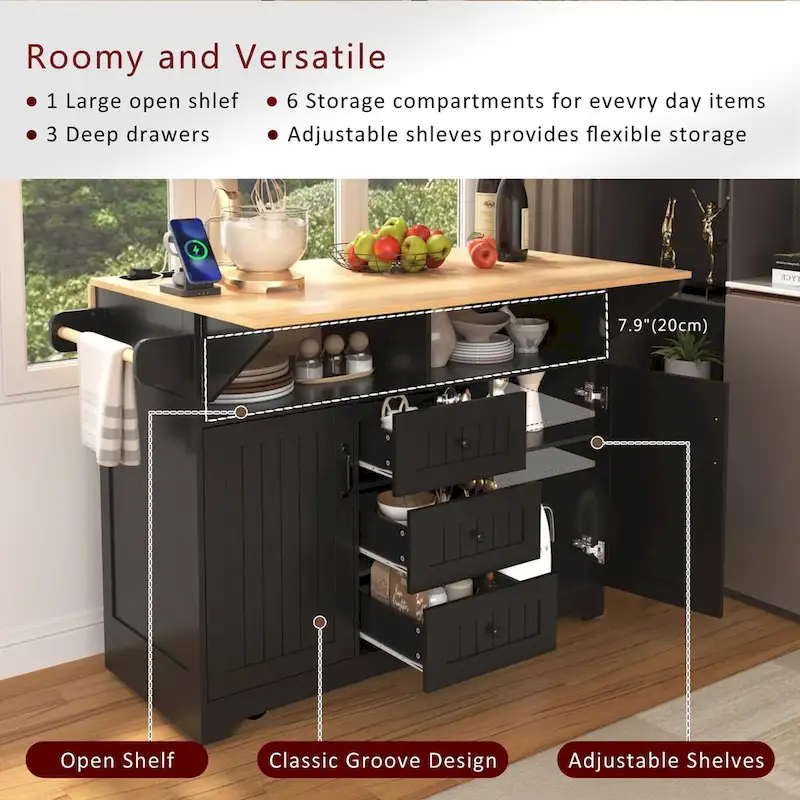 55.7Kitchen Island,2 Drop Leaf,Rolling Kitchen Cart on 5 Wheels,Power Outlet,Folding Dining Table,Spice & Towel Rack,3 Drawers