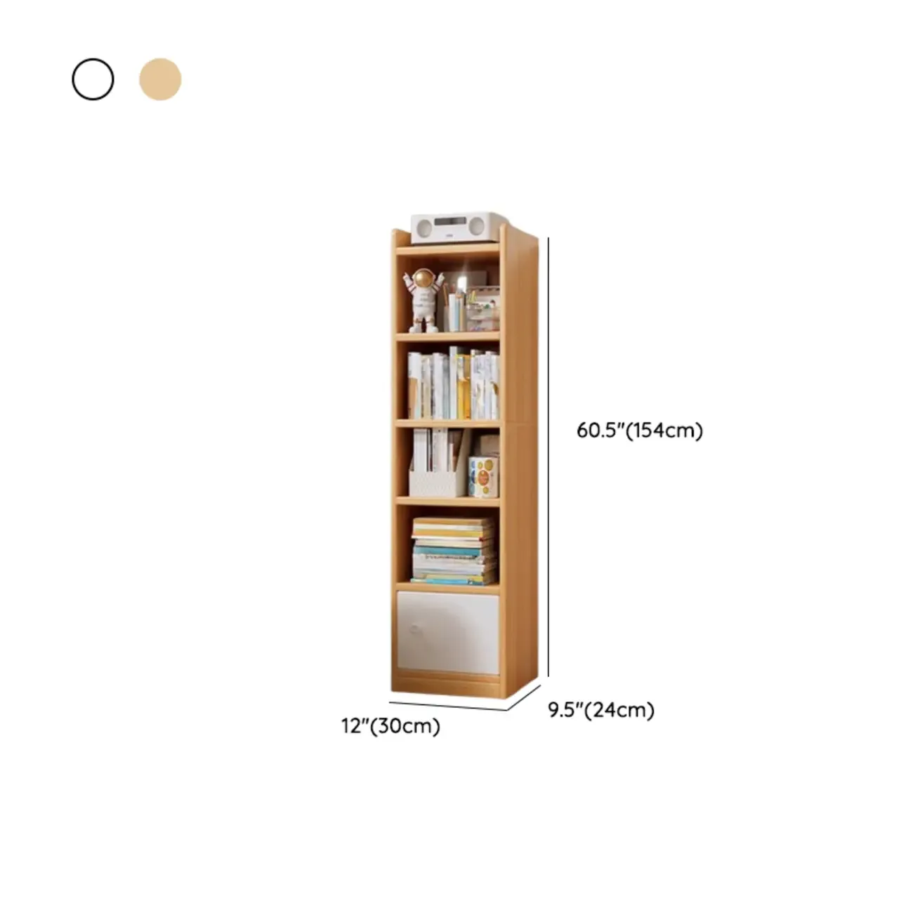Narrow 6-Shelf White Wooden Bookcase with Cabinet