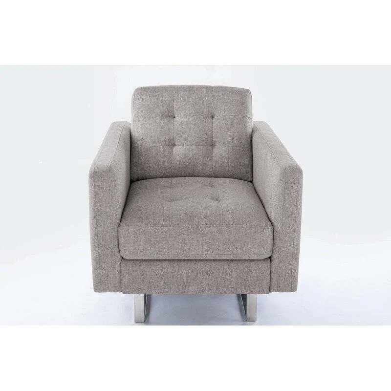 Linen Fabric Armchair with Metal Legs, Side Pockets, and Pillow