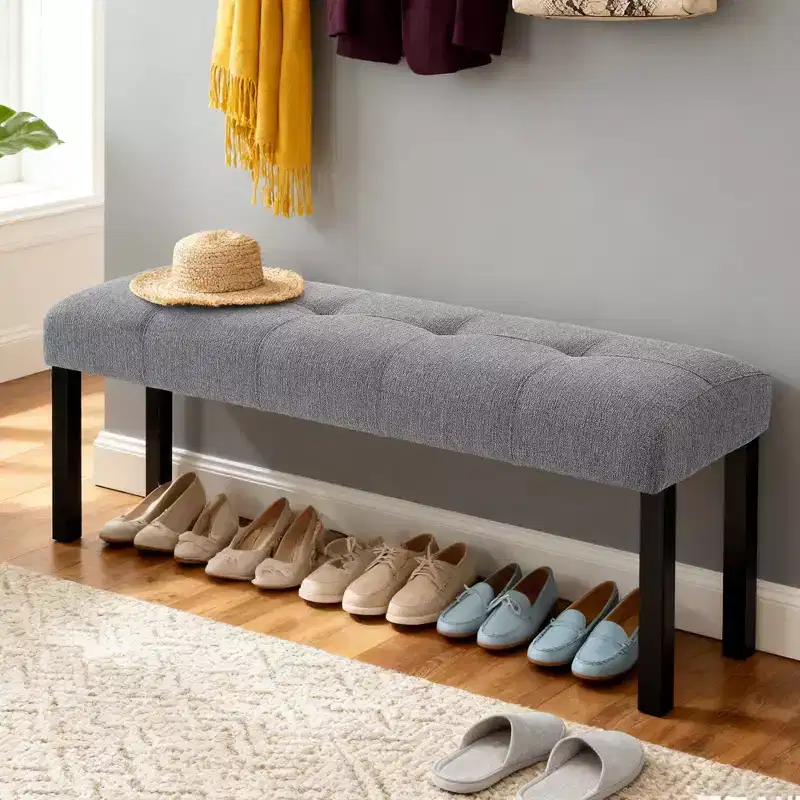 Modern Tufted Linen Dining Bench with Rubber Wood Legs